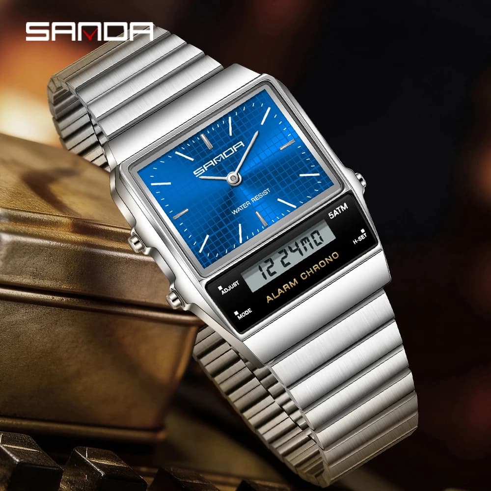 SANDA 3364 Multifunctional Dual Display Watch Luminous Alarm Clock Calendar Watches for Man Fashion Men Electronic Quartz Watch