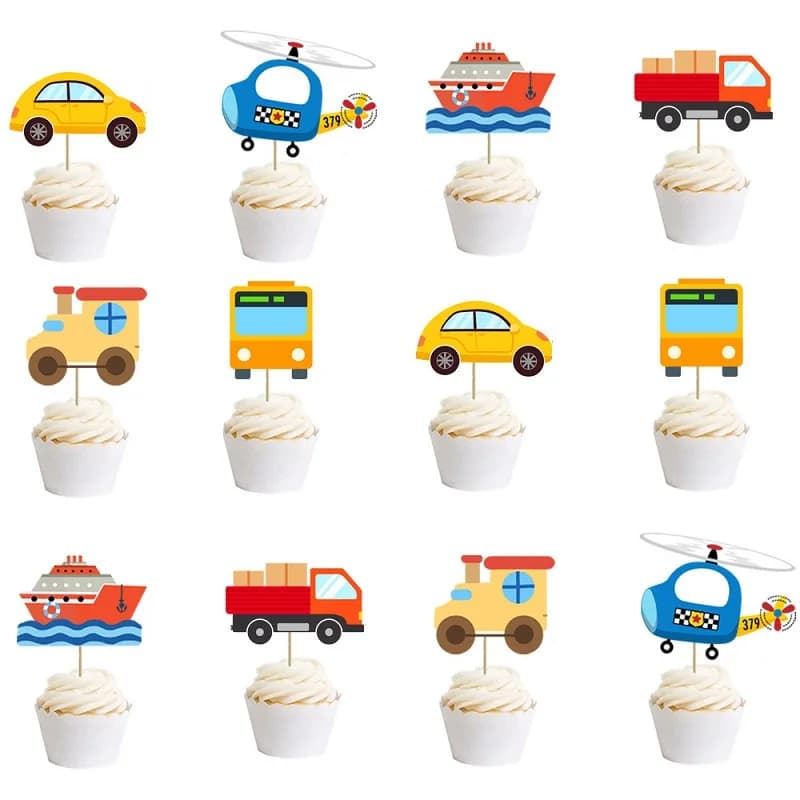 12pcs Traffic Transporter Cake Decoration, Boy's Birthday Aircraft Traffic Lights Boat School Bus Train Truck Cake Inserts