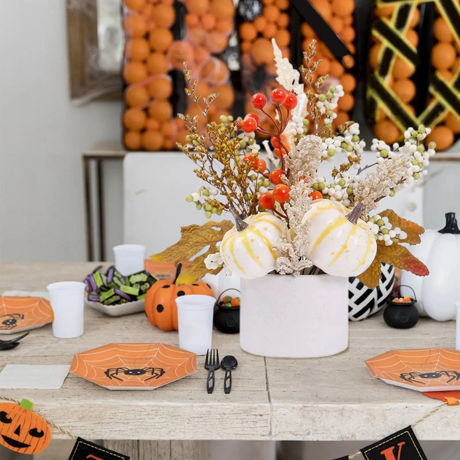 Autumn Centerpiece for Tables Coconut Leaves Pumpkin Decorations for Thanksgiving Artificial Plants Holiday Items for Halloween Office