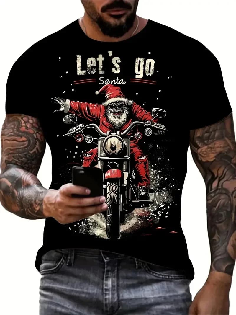 Summer casual short sleeved T-shirt, fashionable men's T-shirt, Santa Claus pattern printed pullover, fun T-shirt, men's oversiz