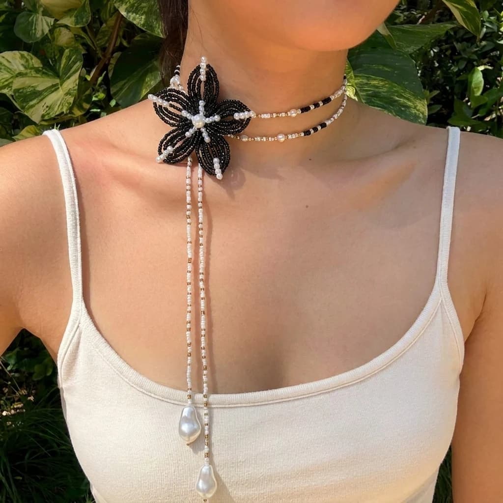 Boho Handmade Seed Bead Layered Choker For Women Black Flower Baroque Pearl Pendant Long Tassel Necklace Evening Party Jewelry
