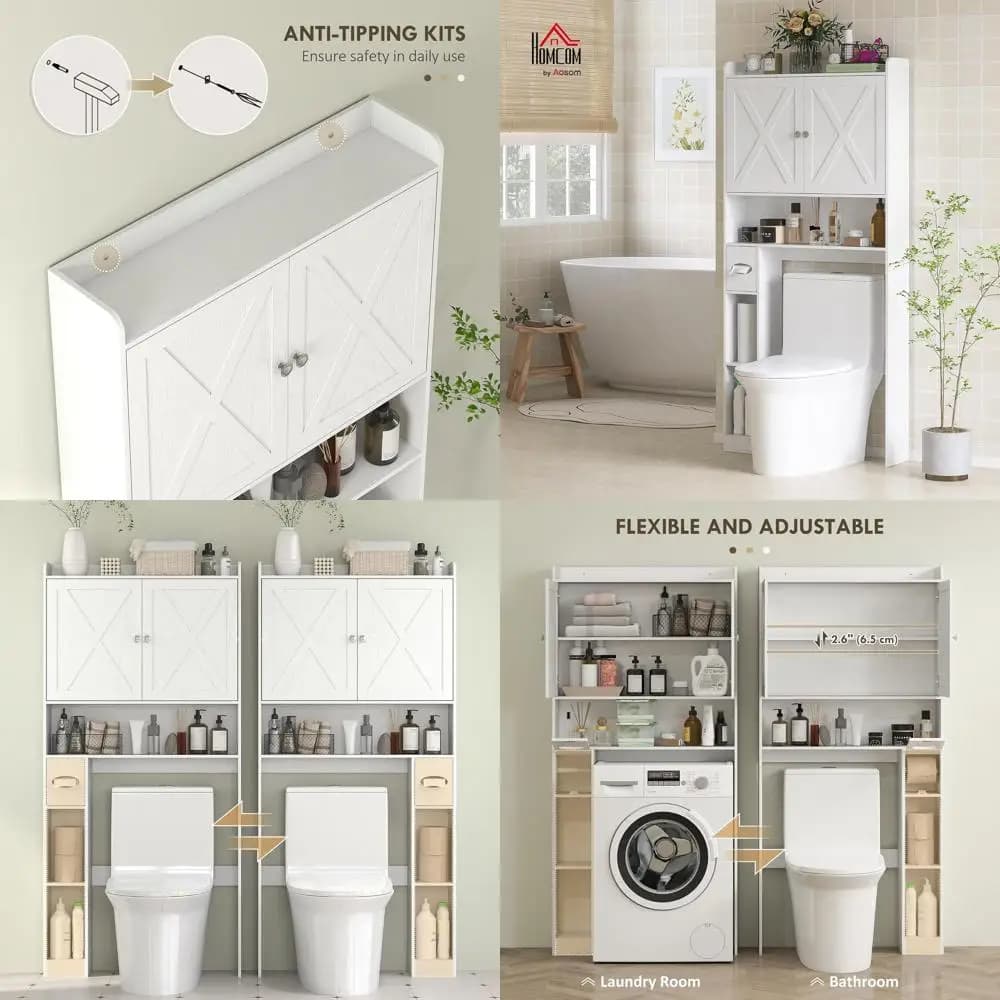 Mobiletto portaoggetti per WC in stile fattoria con anta per fienile, ripiano regolabile e porta carta igienica - finitura bianca invecchiata