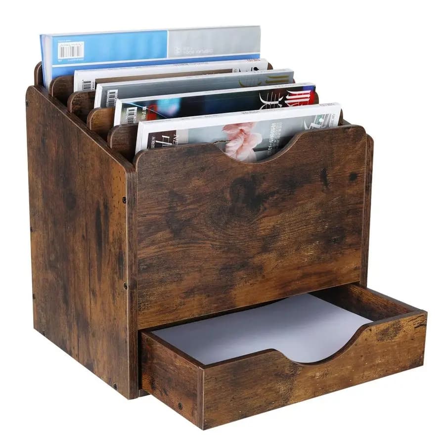 Organizzatore da scrivania in legno con cassetto per documenti, cartelle, posta, buste, forniture per spedizioni o riviste, 6 scomparti
