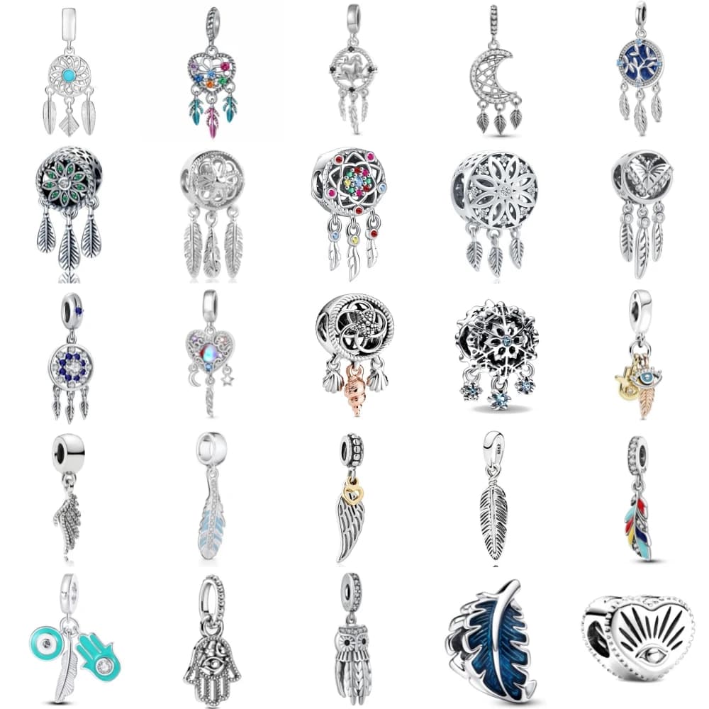 New 925 Sterling Silver Dreamcatcher Feather Charm of ley 925 Chain Beaded Fit Original Bracelet Accessories DIY Ladies Jewelry