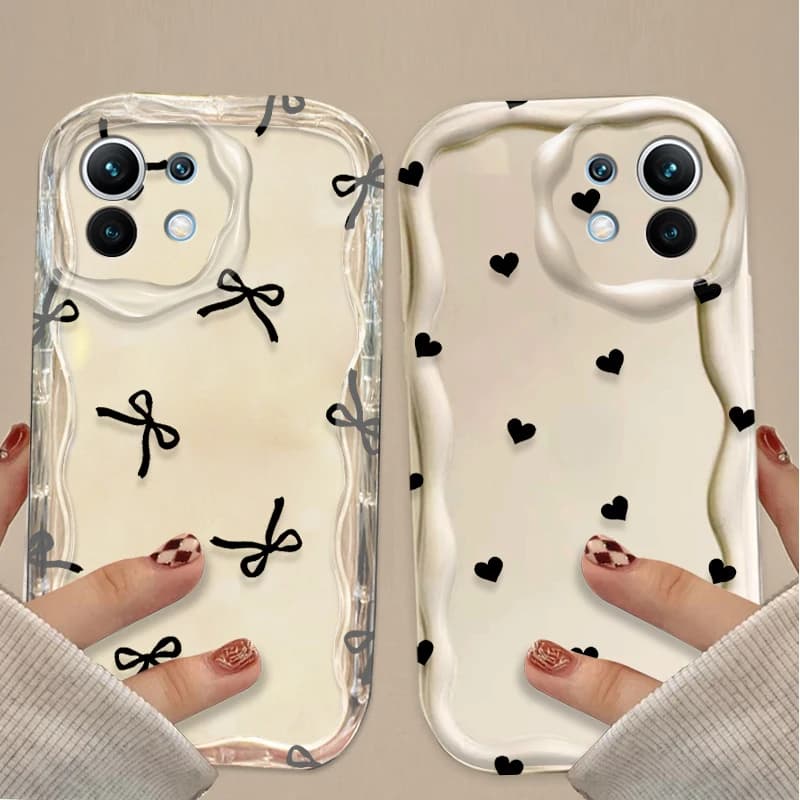 Black Case with Bow and Heart for Xiaomi POCO X7 X6 X5 X3 NFC F7 Ultra F6 F5 Pro F4 F3 GT M5S C65 C75 M3 M4 M5S M6 M7 Pro 4G 5G