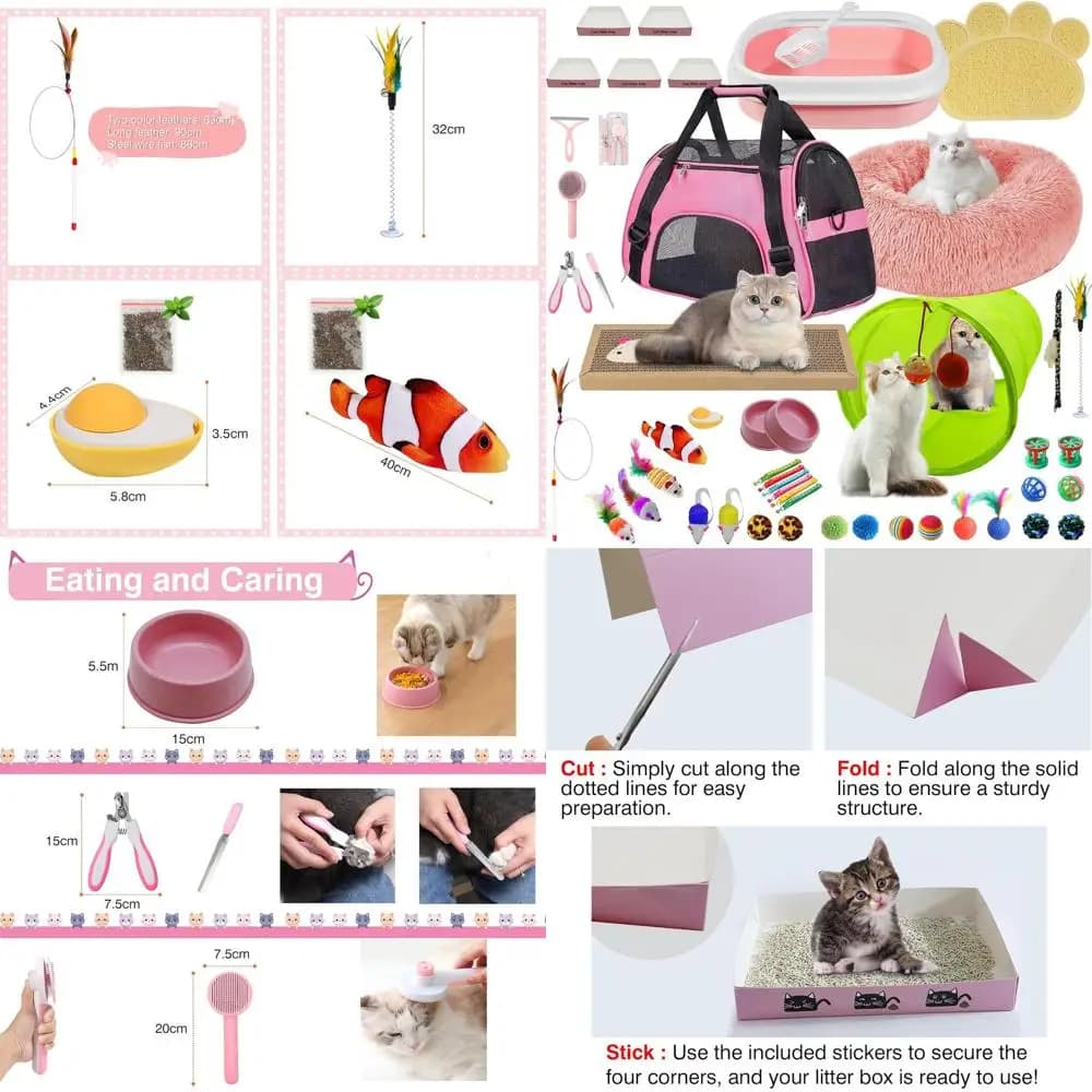 Kit iniziale per gatti per gattini sotto i 6 mesi: set da 21 giocattoli, letto, trasportino, lettiera, ciotole e altro - Rosa