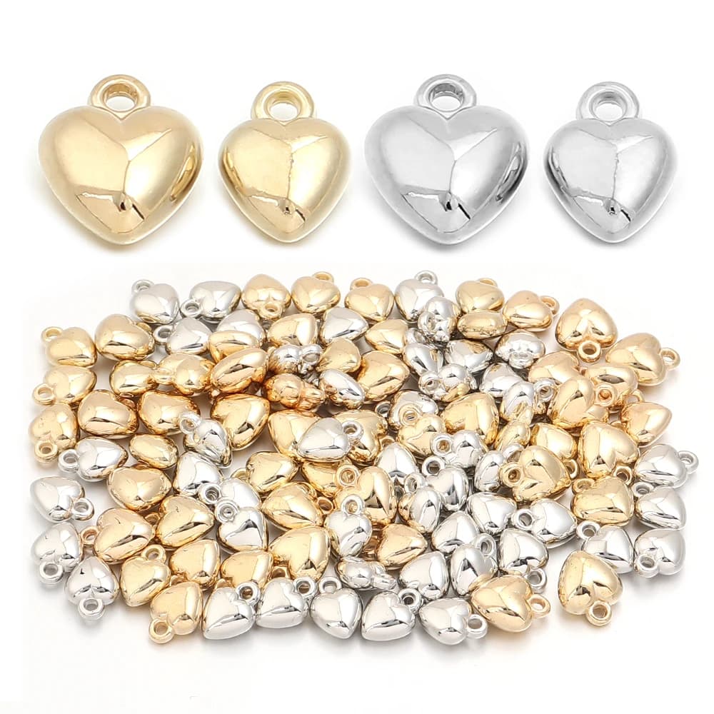 Ciondolo piccolo in plastica CCB placcato oro argento con perline a forma di cuore da 100 pezzi per gioielli fai da te che realizzano braccialetti, collane, orecchini pendenti