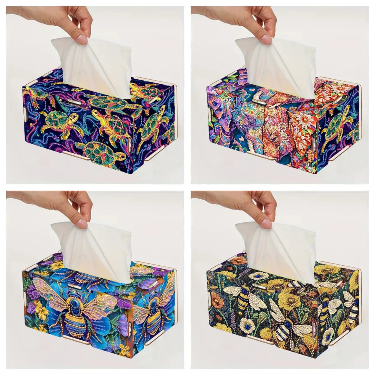 1 DIY Turtle/Bee Pattern Diamond Painting Set, Rectangular Painting Spliced 3D Wooden Tissue Box