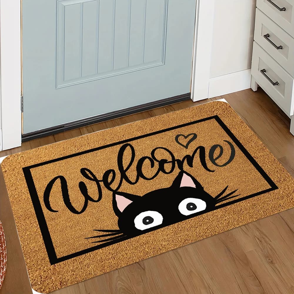 "WELCOME MADAFAKAS" Cat with Knife Doormat Funny Sarcastic Design NonSlip Entryway Decor for Home Apartment & Humorous Gift