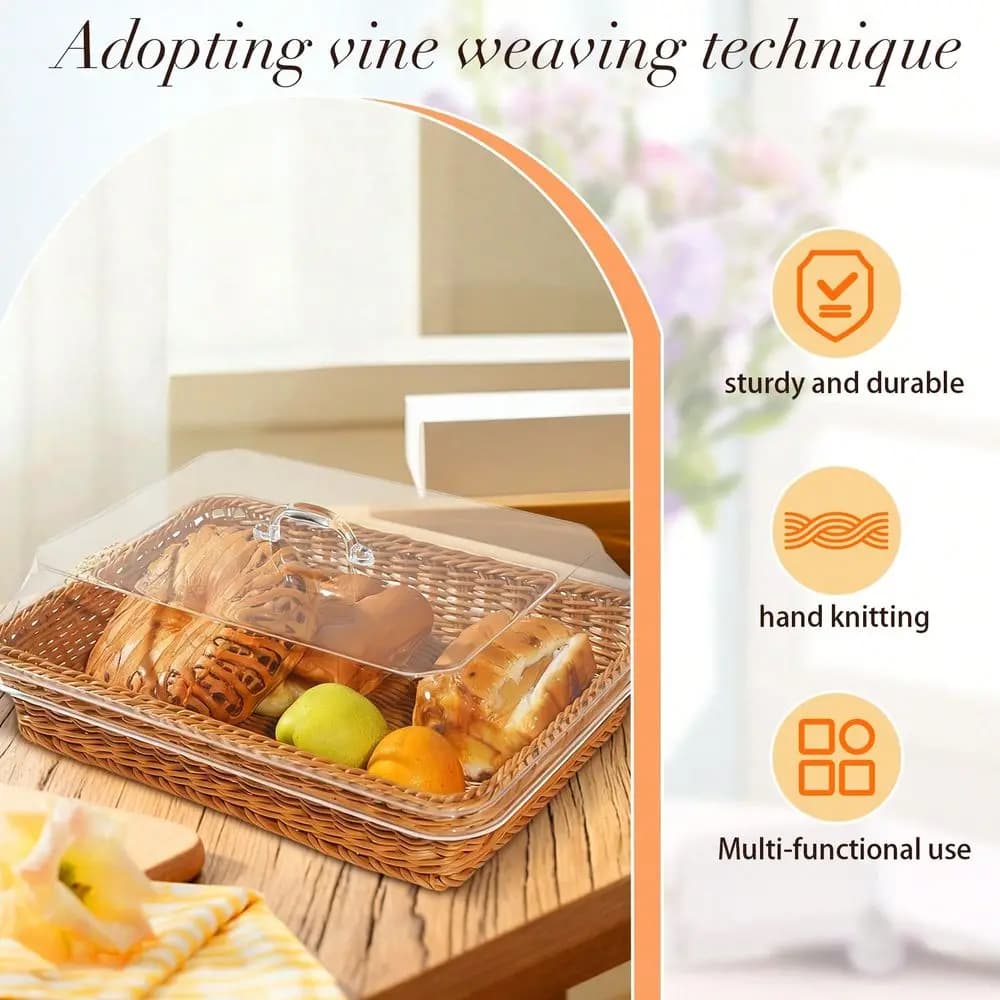 Cesto per pane grande X9.8 con coperchio in acrilico, vassoio da portata in stile vimini, contenitore per torte e alimenti per feste