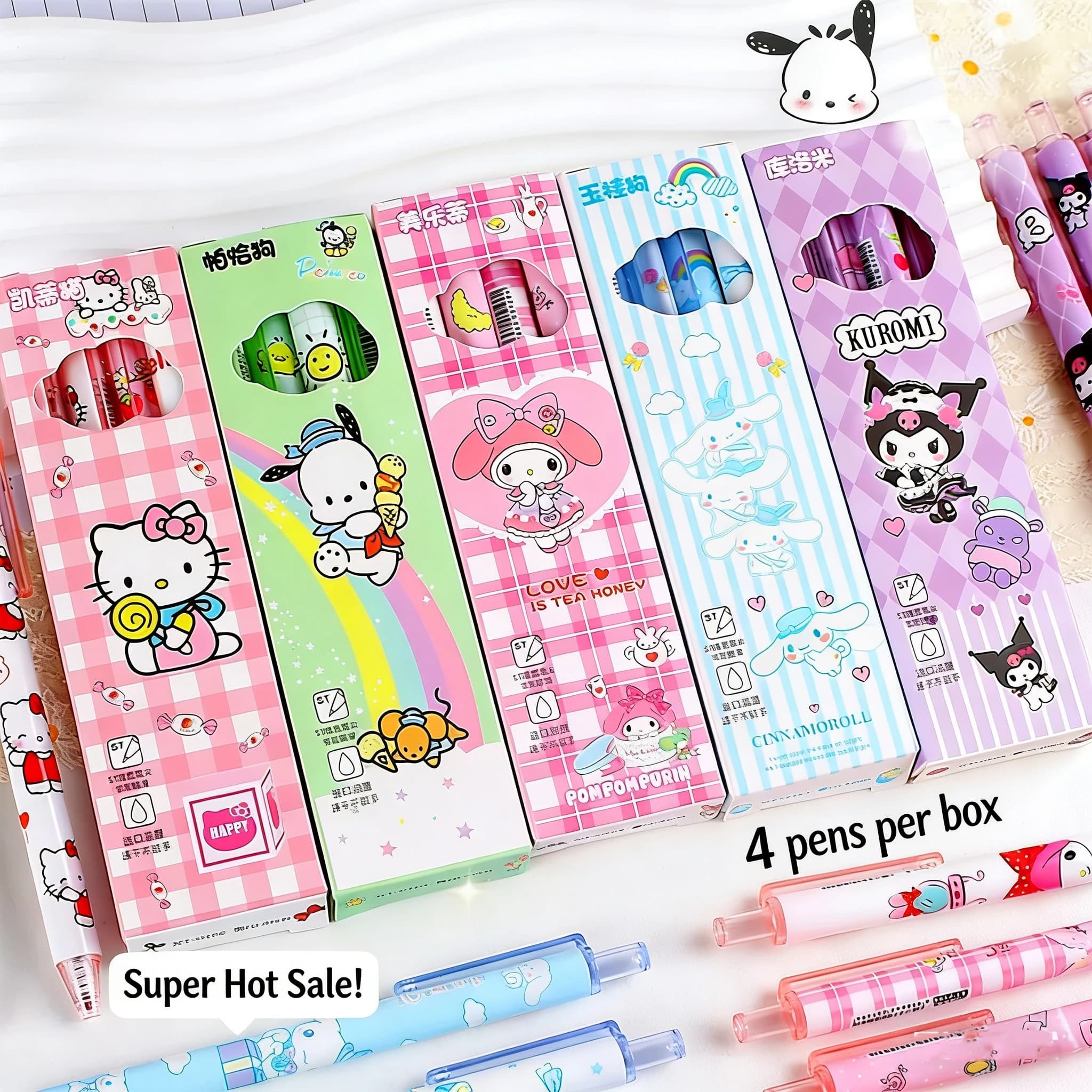 Set di 6 Penne Gel Nere a Sfera con Design HelloKitty, Kuromi e My Melody, Asciugatura Rapida, per Scuola e Cancelleria