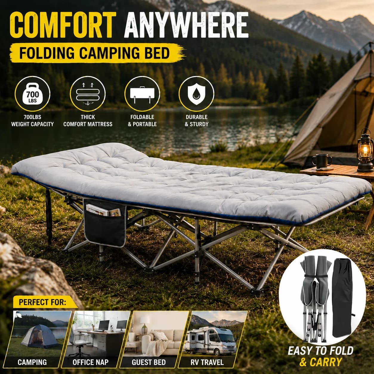 Folding Camping Cot with Thick Padded Mattress for Adults 700LBS Heavy Duty Portable Sleeping Bed with Carry Bag & Side Pocket Comfortable Foldable Guest Bed for Camping Home Office Nap RV Travel Outdoor Tent Beach Patio & Overnight Guests