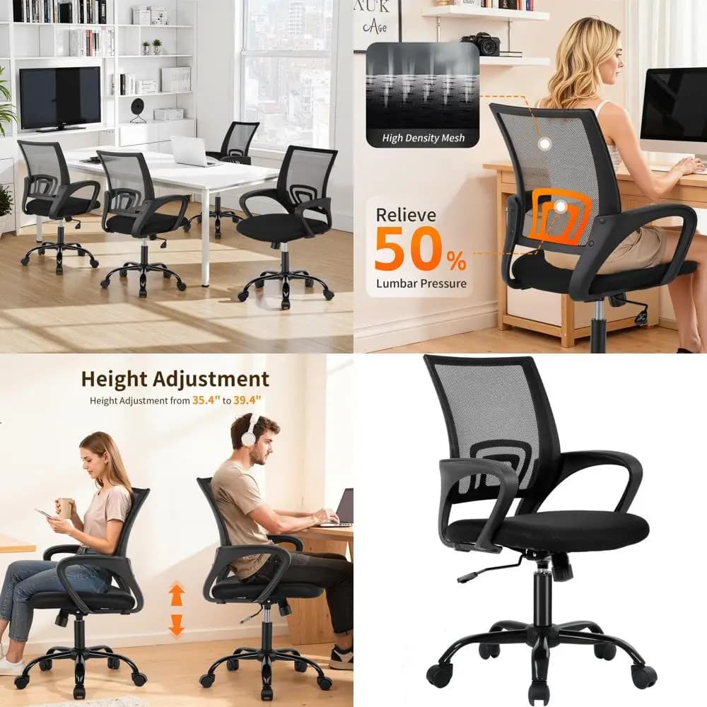 Sedia da scrivania ergonomica economica con rete, supporto lombare, girevole regolabile e con ruote per comfort e sollievo dal mal di schiena (Nera)