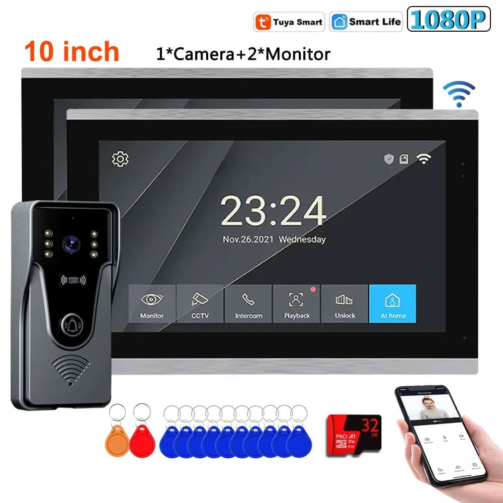 Videocitofono Wireless WiFi 1V1/1V2 con Schermo Touch da 10 Pollici, 4 Fili, HD 1080P, Tuya Smart Home, Sistema di Accesso RFID