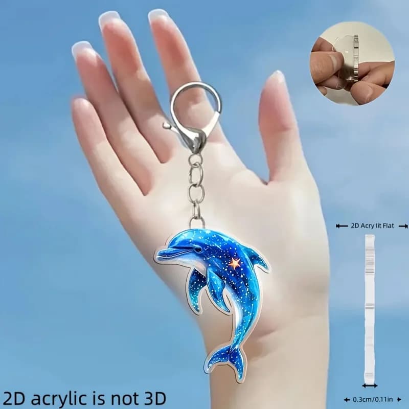 Portachiavi a moschettone con ciondolo acrilico piatto 2D a forma di delfino blu, multifunzionale per portachiavi auto alla moda, accessori per zaini da uomo e da donna, accessori per la casa, ideale per regali di Natale e altre occasioni speciali