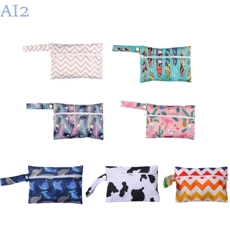 AI2 Borsa per pannolini per bambini Mini borse bagnate 14X20 cm Cerniera impermeabile Borsa per pannolini bagnati e asciutti Borsa da viaggio per passeggino all'aperto Confezione da trasporto