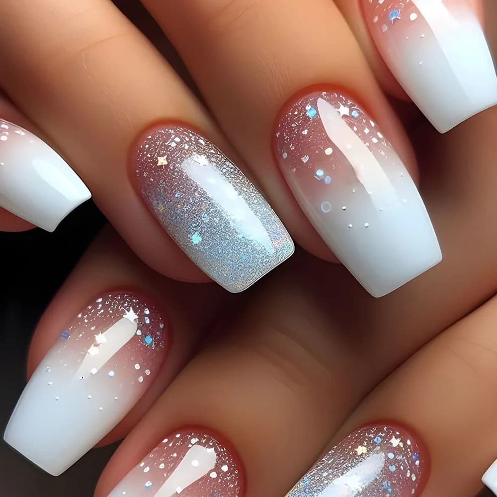 24pcs Glitter White Short Ballet Fake Nail Tips Gradient Simple Design False Nail Art Wearable Short Coffin Press on Nails Tips