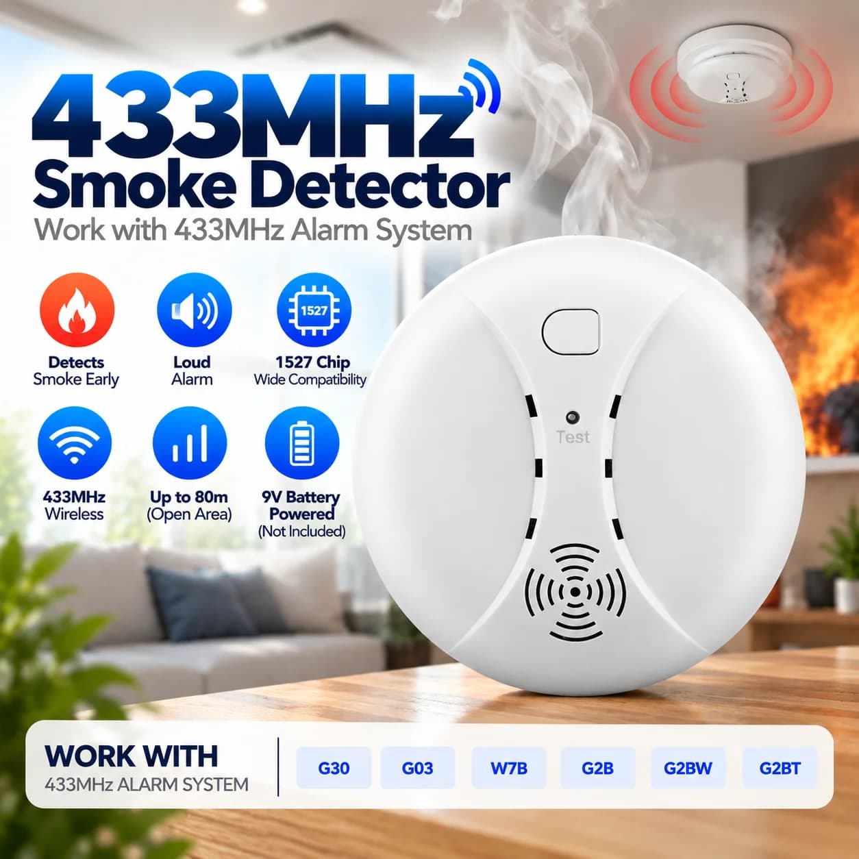 Sensori di allarme rilevatore di fumo per protezione antincendio wireless 433 MHz Funziona con i sistemi di allarme di sicurezza domestica Tuya WIFI GSM