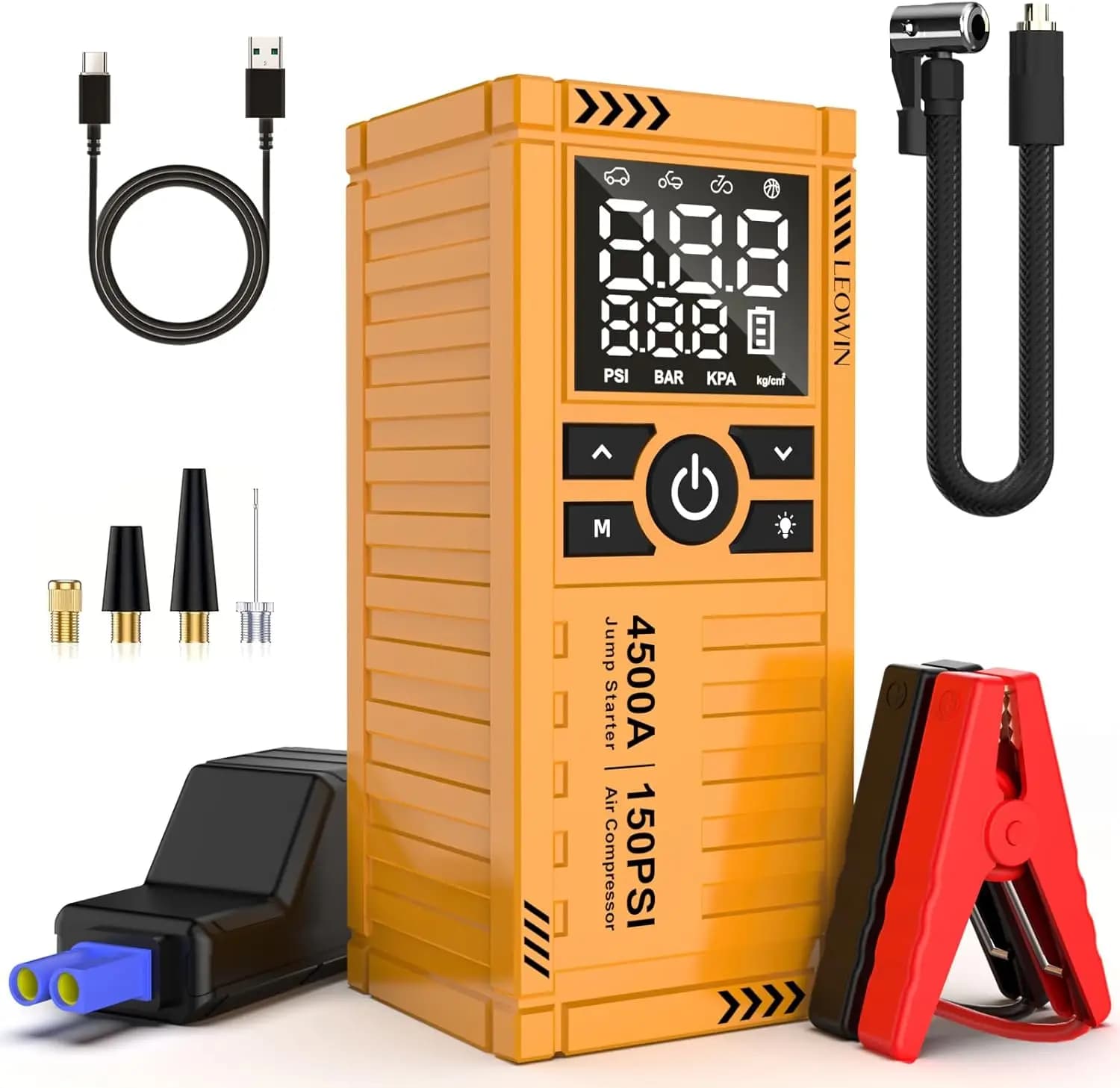 Avviatore portatile con compressore d'aria, amplificatore batteria 12V, display LCD, luce LED, cavi intelligenti, gonfiatore pneumatici (9,0 gas/6,5