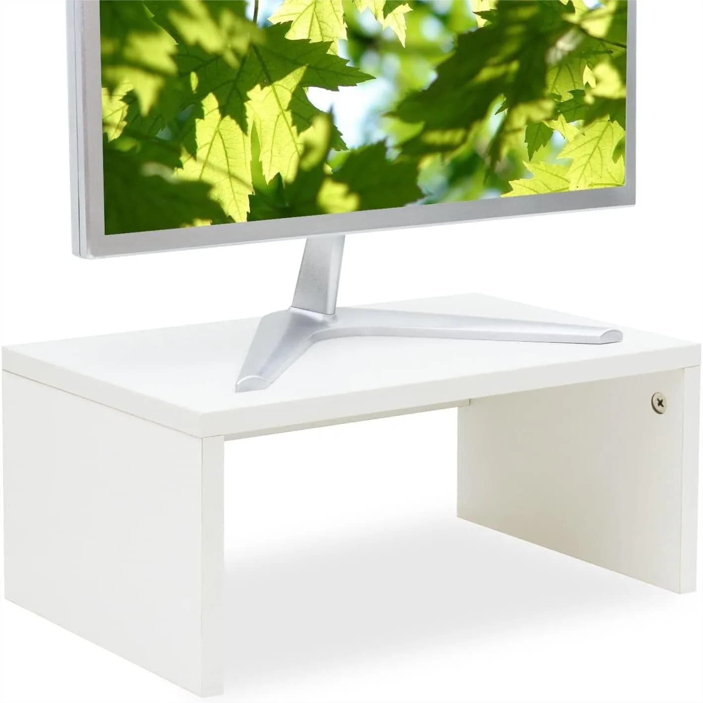 Supporto per monitor con ripiano portaoggetti, mensola da scrivania in legno per laptop/PC/TV/schermo, altezza 6,7 pollici, bianco