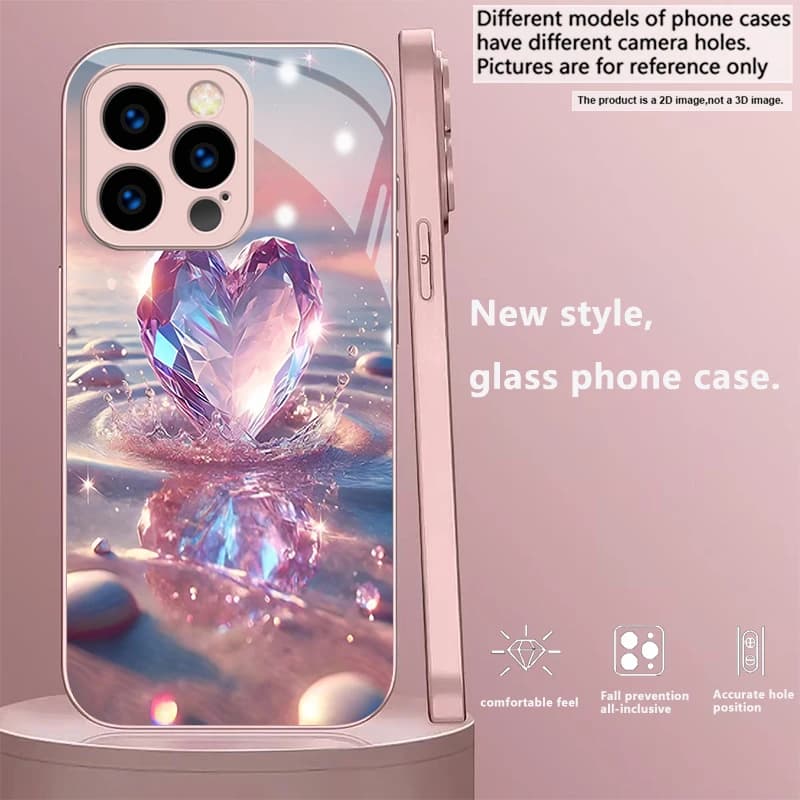 Iridescent Sea Heart Pink Metallic Glass Phone Case For iPhone 11 12 13 14 15 16 17 Pro Max Plus 17Air 16E 7 8 Xr XsMax Xs Cover