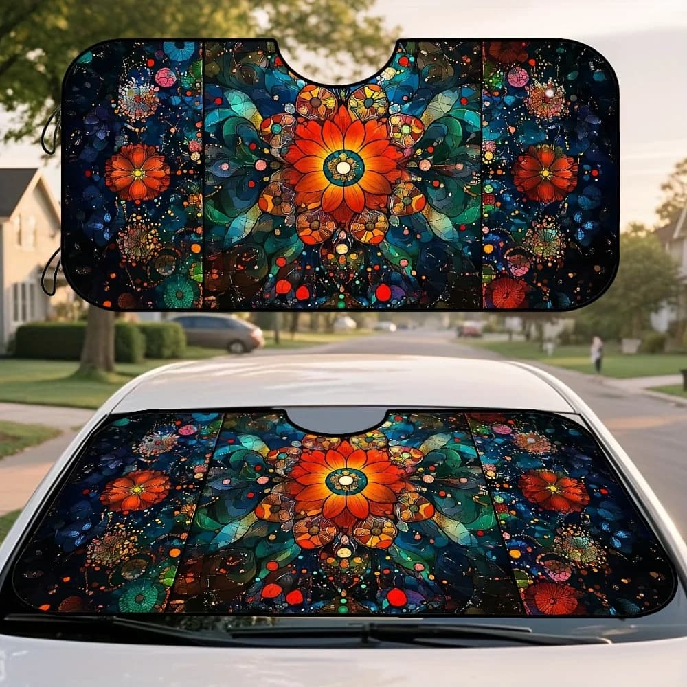 1pc Cosmic Floral Stained Glass Art Car Windshield Sunshade - Foldable Polyester Sun Visor With Vibrant Orange & Blue Floral Des