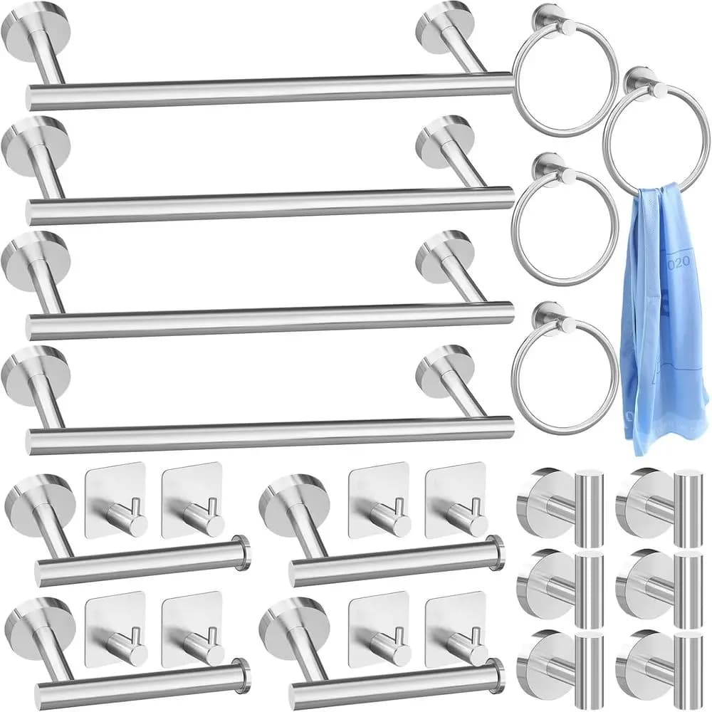 Set di 28 Accessori per Bagno in Acciaio Inossidabile con Portasciugamani da 16'', Anelli, Ganci, Porta Carta Igienica