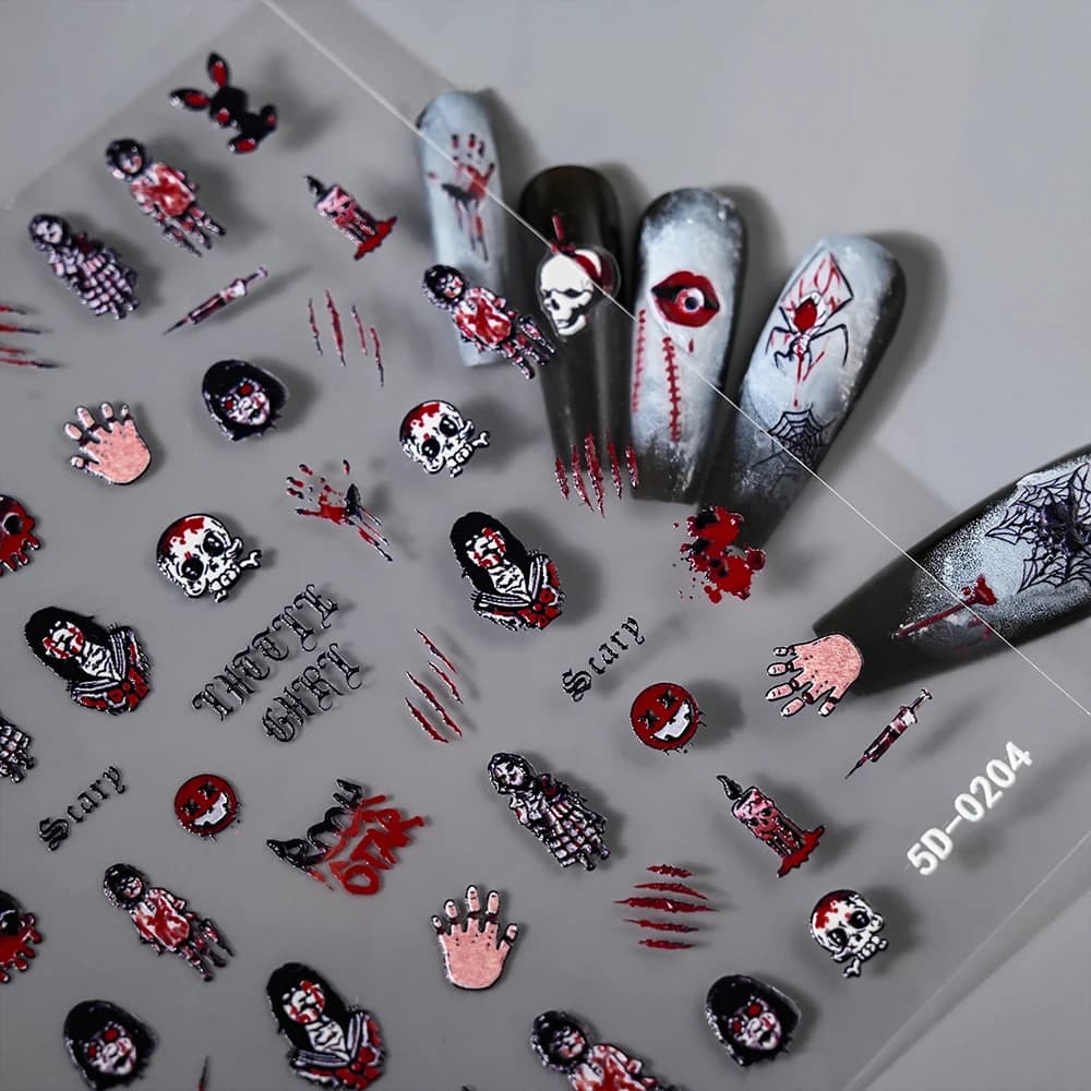 1 Sheet Halloween Skulls Nail Art Sticker 5D Embossed Ghost Spider Web Nail Decals Spooky Design DIY Decoration Manicure Sliders