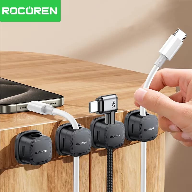 Rocoren Organizzatore di cavi magnetici Supporto per cavi liscio e regolabile sotto la scrivania 6 pezzi Stabile gestione dei cavi Clip per cavi per custode dei cavi