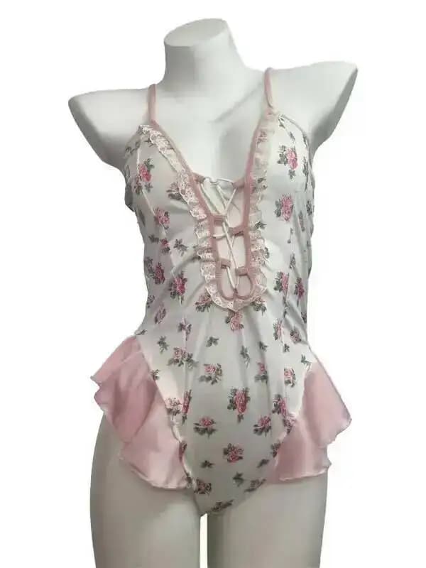 Abito sexy Puro desiderio Body Cravatta con cinturino Pigiama floreale carino Body senza schienale V profondo senza maniche Body affascinante OND9