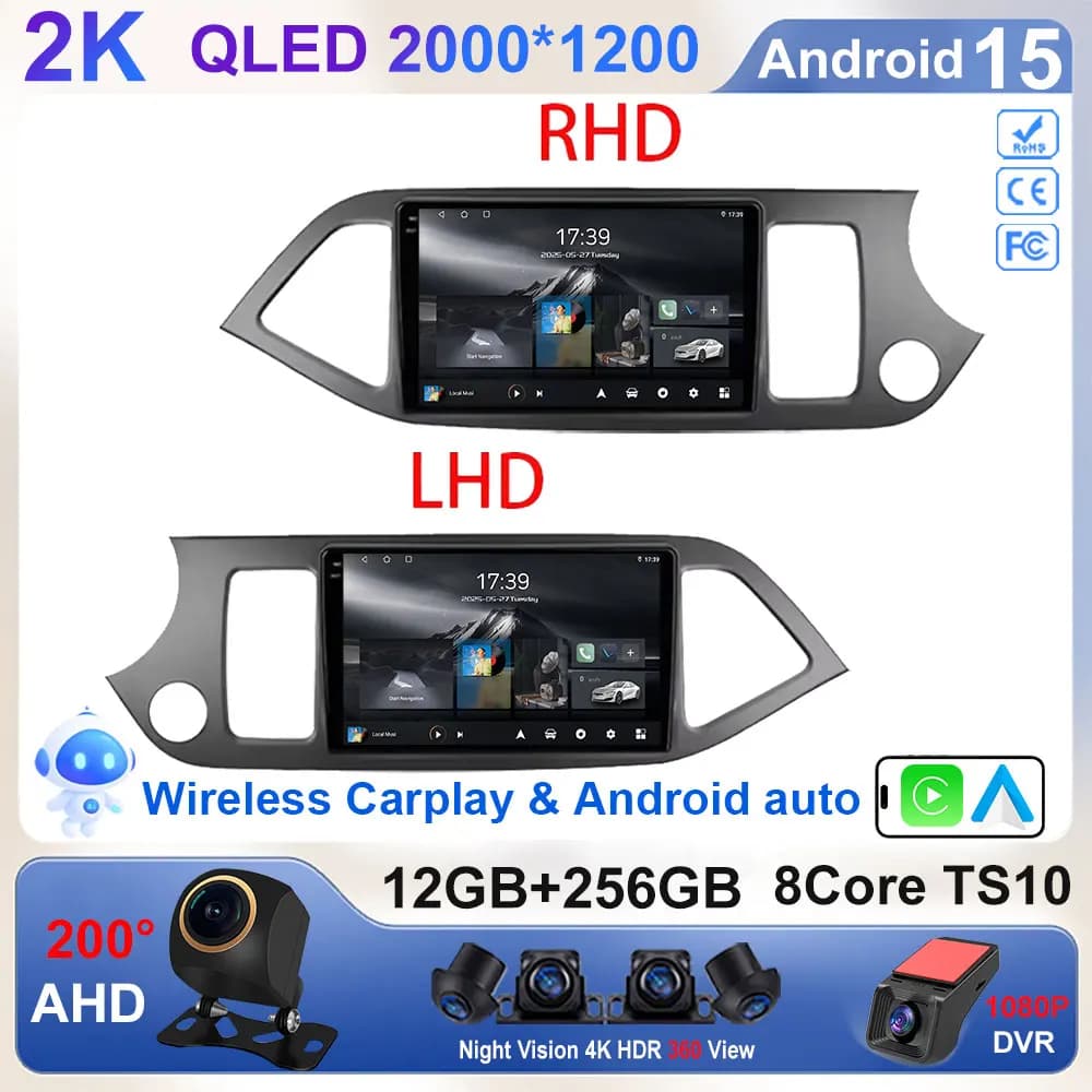 Autoradio Android 15 Per KIA PICANTO Morning 2011-2016 Lettore Multimediale Auto stereo Carplay Auto navigazione GPS 2DIN autoradio