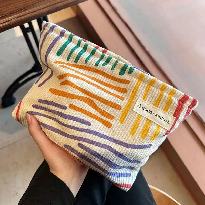 Ins Niche Borsa per il trucco a righe in velluto a coste dai colori contrastanti Borsa per il lavaggio portatile da viaggio d'affari per la cura della pelle