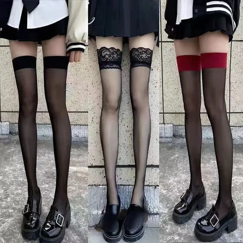 Sexy bordo rosso nuovo sopra il ginocchio calzini lunghi pizzo gotico trasparente calze autoreggenti donna punk JK calze solide di seta sottile