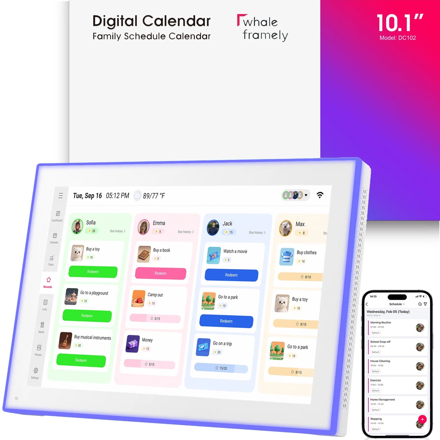 Calendario digitale LED L da 10,1 pollici e tabella delle compiti, display touchscreen interattivo intelligente per programmi familiari, montabile a parete e su scrivania
