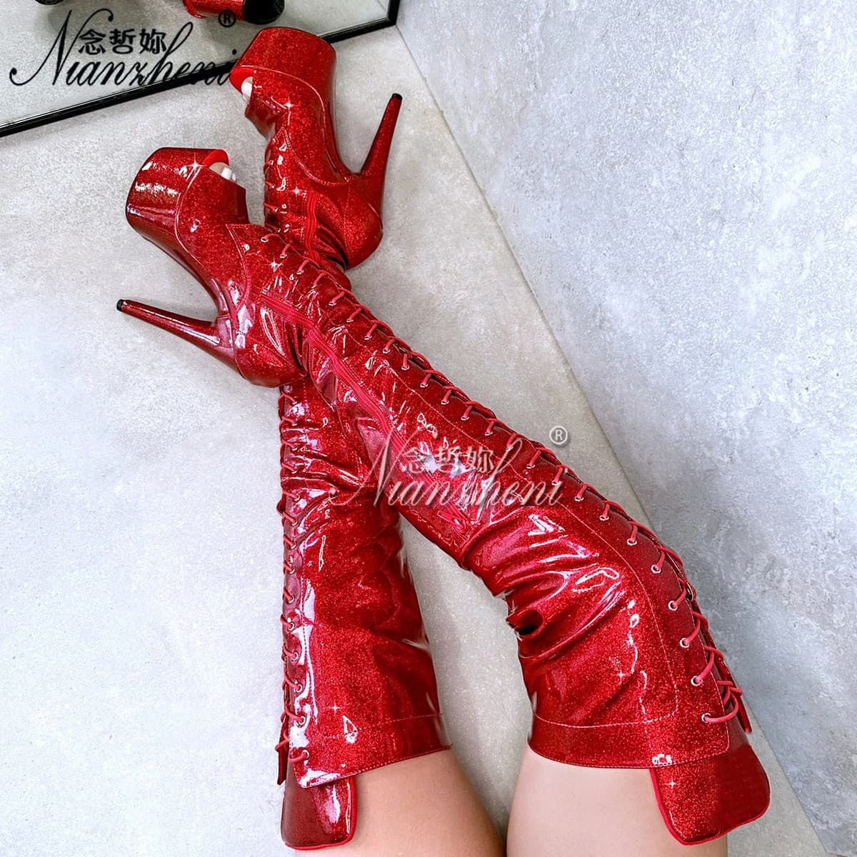 Glitter Real photos 7 inch High Heels pole Dance 17cm over the Knee Long Boots Platform Exotic Stripper Red Cross dressing Sexy
