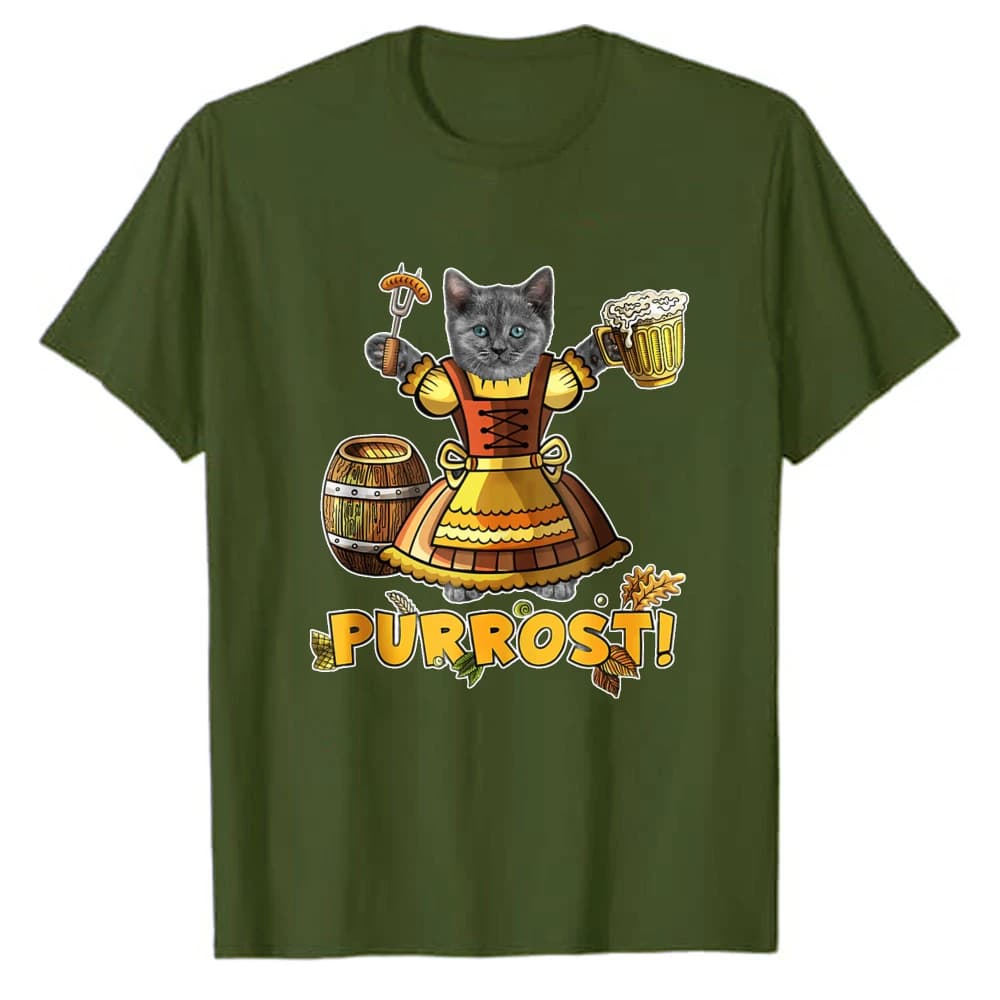 Purrost Funny Oktoberfest Cat Dirndl Beer Barrel Sausage Graphic T‑Shirt Cute Bavarian Festival Cat Print Tees Casual Cotton Top