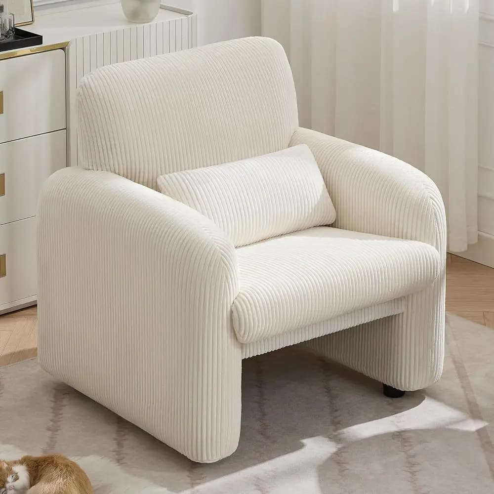 Poltrona in velluto a coste, sedia imbottita per soggiorno con cuscino lombare, ampia e comoda poltrona relax per camera da letto o ufficio