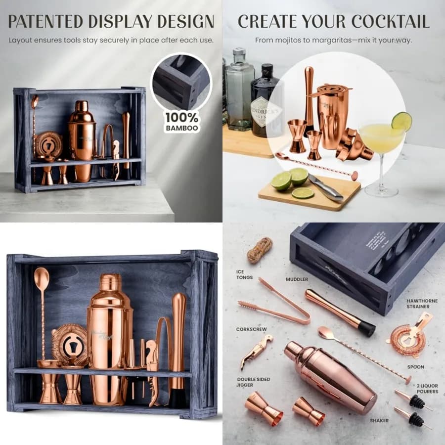 Set Shaker per Cocktail Rustico con Supporto in Legno, Kit Completo da Bar con Shaker da 24 Oz, Doppi Jigger, Beccucci Versatori, Muddler, Strainer