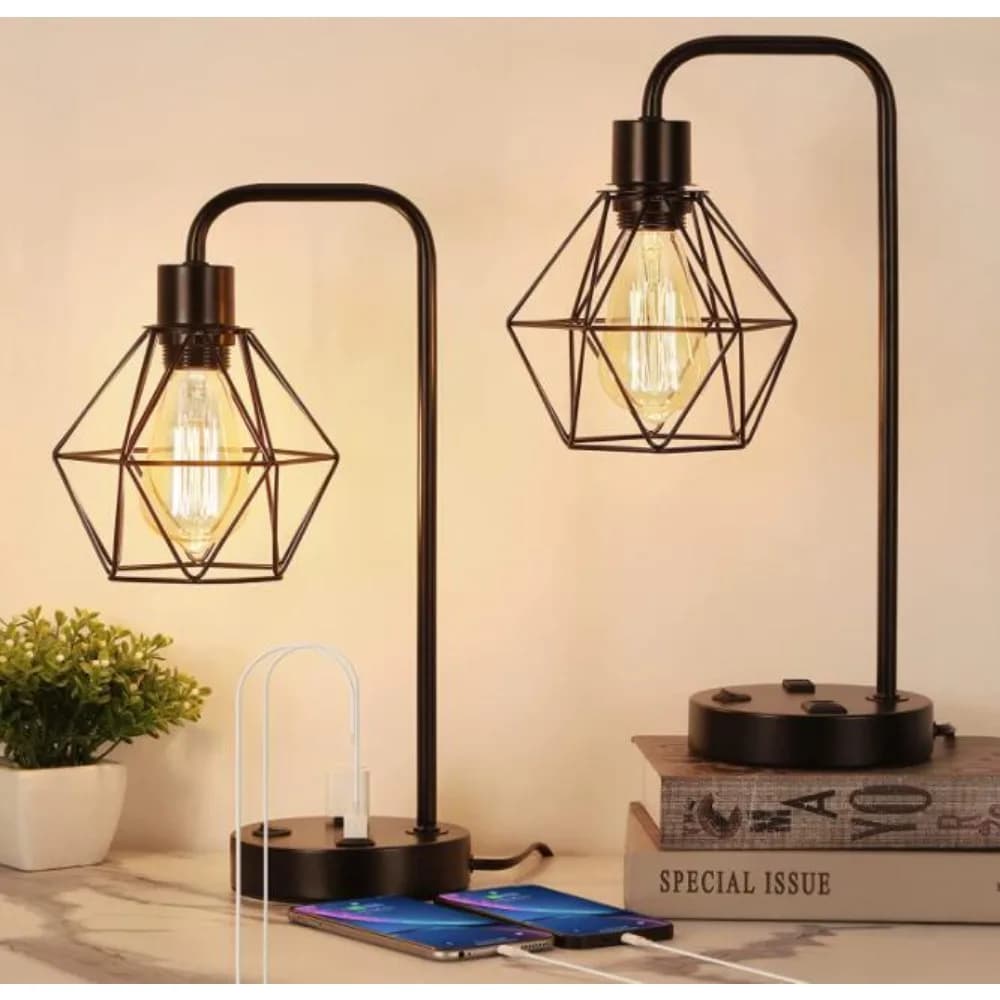 2x Lampada da scrivania industriale Lampada da comodino Edison vintage 2 porte USB Presa CA