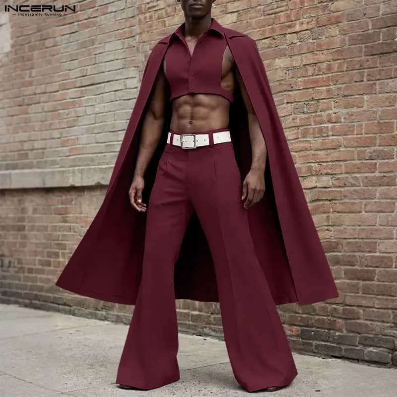 INCERUN Completi da Uomo Tinta Unita con Colletto a Risvolto Senza Maniche, Poncho Irregolare, Camicia e Pantaloni, Set Due Pezzi Streetwear 2026, Abiti da Uomo alla Moda