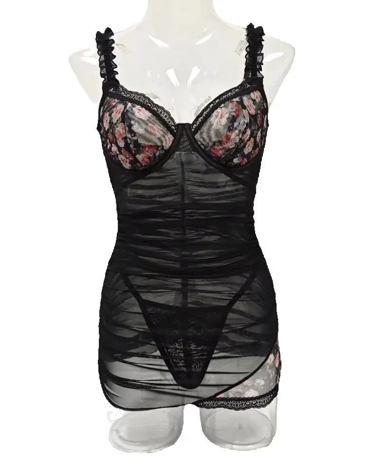 Women Lace Lingerie Dress Ruffle Spaghetti Strap Ruched Sheer Mesh Bodycon Mini Nightgown With G-string