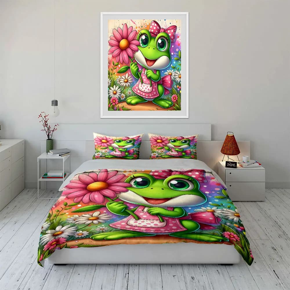 Set di Biancheria da Letto per Bambini con Decorazioni a Tema Cartone Animato Rana, Include 1 Copripiumino e 2 Federe, Disponibile in Misure Singolo, Matrimoniale, King e Queen, Idea Regalo