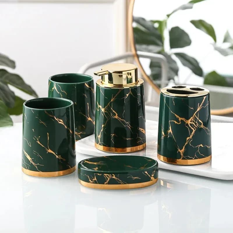 Accessori per la decorazione del bagno in marmo dorato Porta spazzolino in ceramica Dispenser di sapone Dispenser di dentifricio Scatola di sapone Bagno