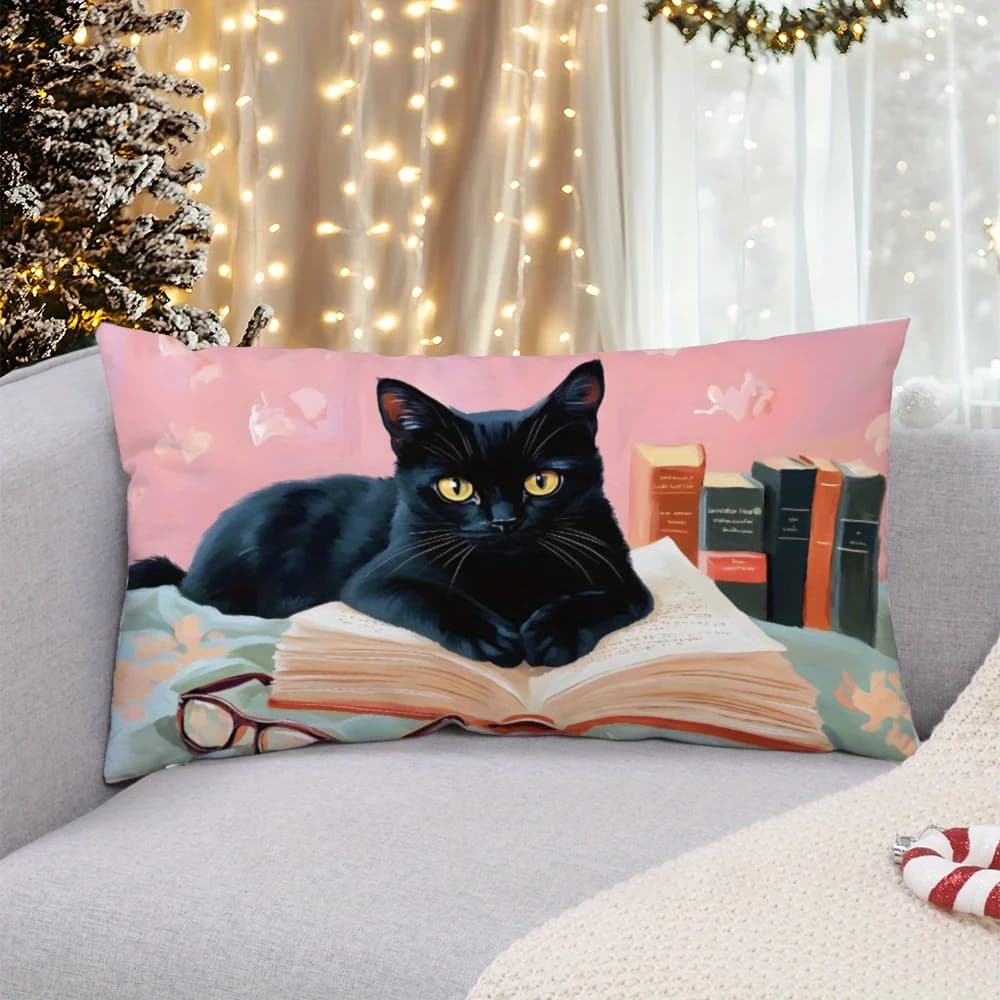 Contemporary Black Cat Print Throw Pillow Cover Polyester, Decorative Cushion Case for Sofa, Living Room