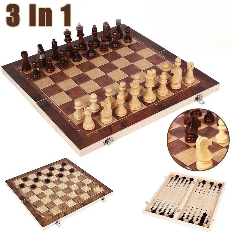 Set di Scacchi in Legno Pieghevole 3-in-1, Gioco da Tavolo Portatile con Scacchi, Dama e Backgammon per Adulti