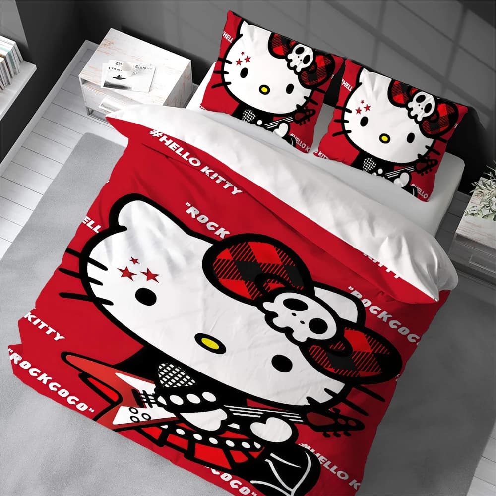 Set Copripiumino Cartoon H-HelloS K-KittyS, Biancheria da Letto Stile Casa, Morbido Cotone, Set 3 Pezzi, Regalo per Dormitorio Studentesco