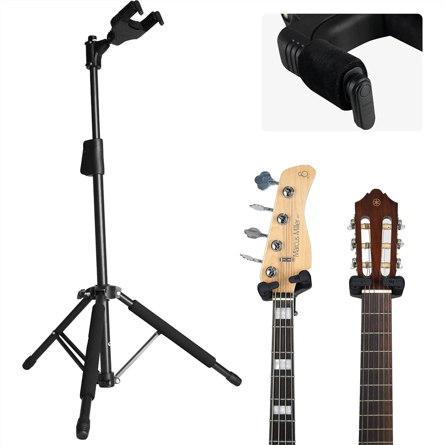 Supporto per Chitarra con Blocco Automatico per Chitarra Elettrica, Acustica, Basso, Ukulele, Supporto da Terra Pieghevole Regolabile a Treppiede, Rivestimento Protettivo in Velluto