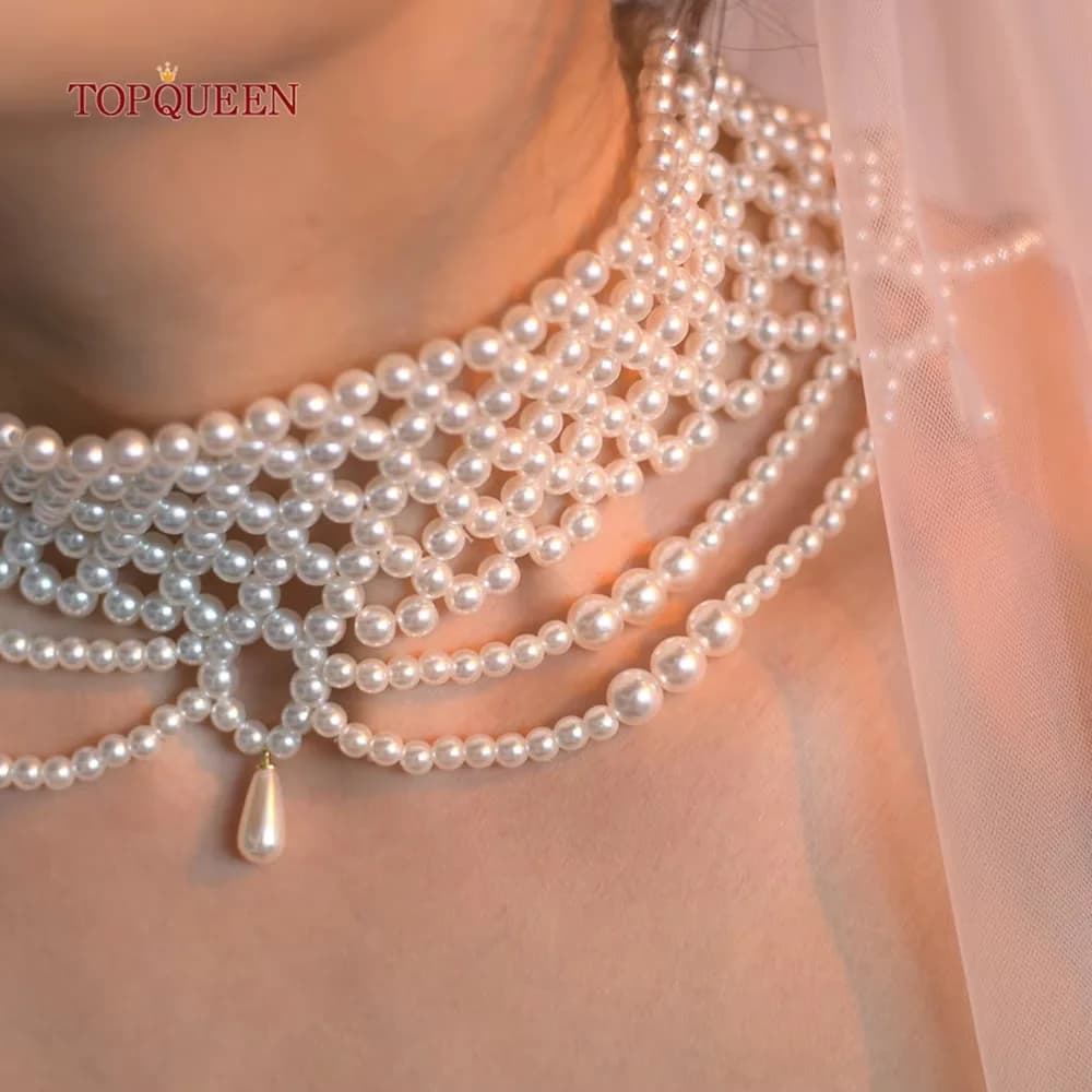TOPQUEEN Woman Trend Collarbone Chain Luxury Pearl Necklaces Luxuoso Bridal Bolero Glitter Customizable Vg96
