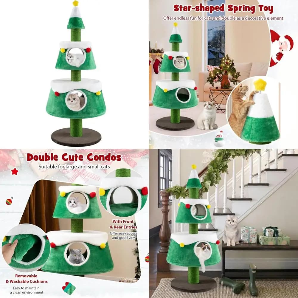 Albero di Natale per Gatti da 60 Pollici con Pali in Sisal, 2 Cucce, Cuscini Rimovibili, Giocattolo a Forma di Stella