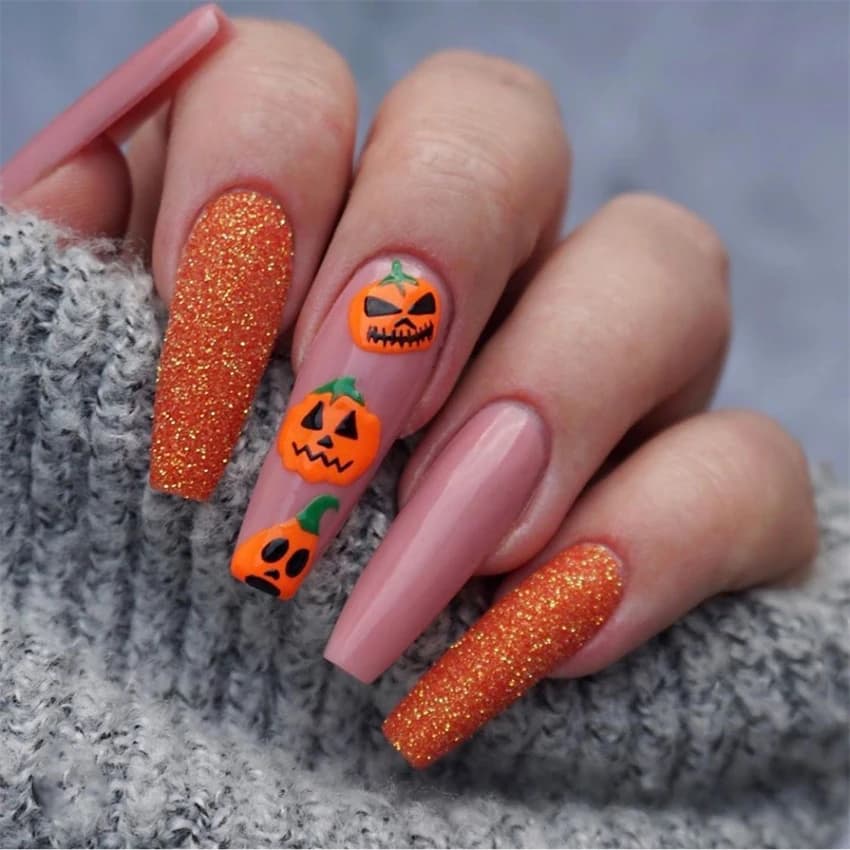 24 Pz/set Long Ballet Fins Art Halloween Pumpkin Head Wrap Artificial Acrylic Wearable Head Square Nail Presses on Nail Tips